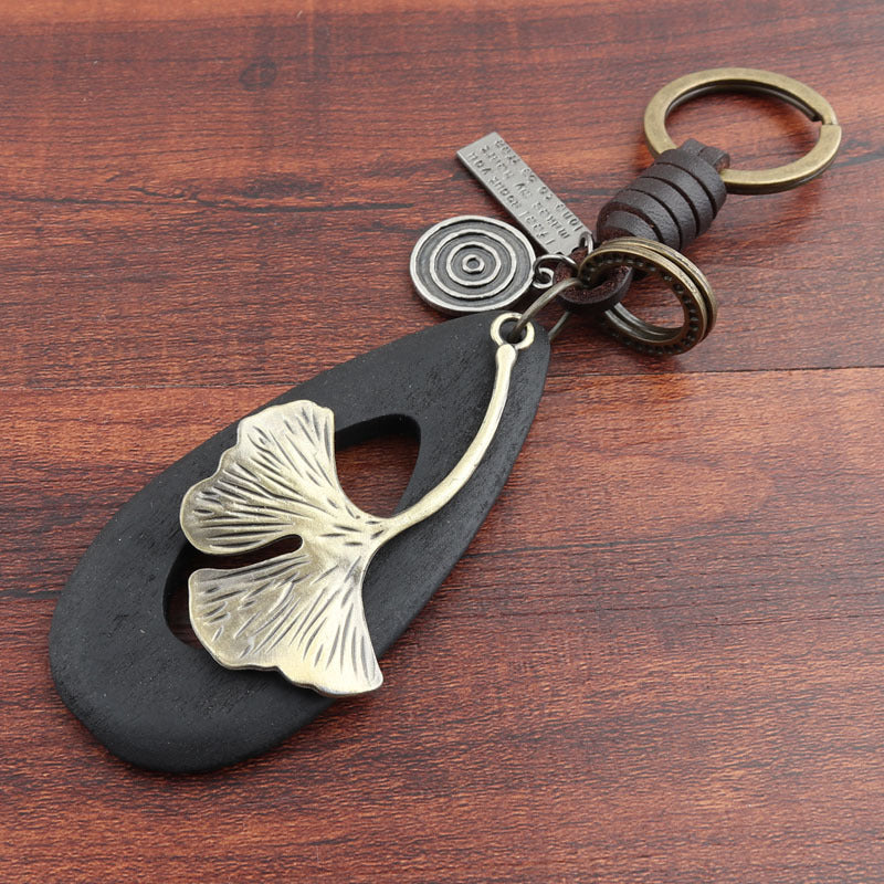 Wholesale Genuine Leather Alloy Ginkgo Leaf Wooden Keychains